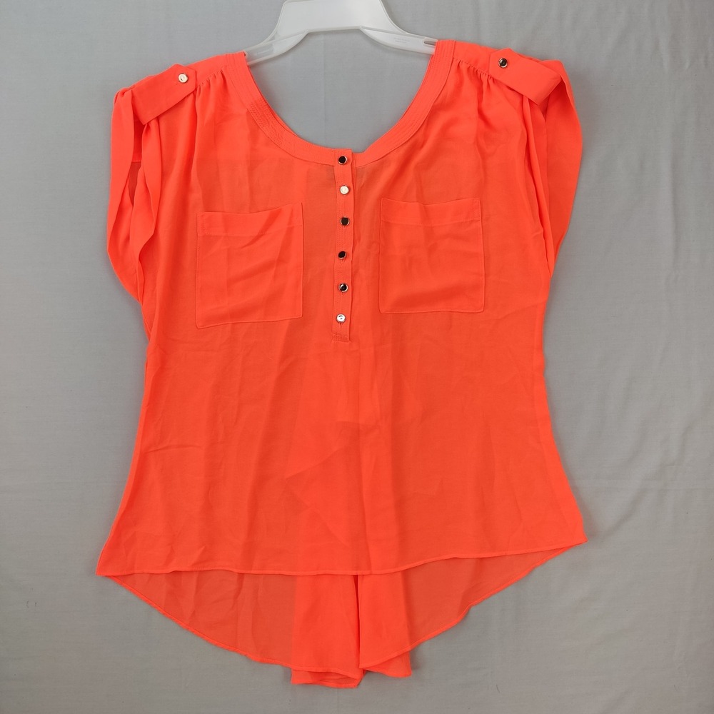 Maude‎ Blouse Womens L Orange Chiffon High Low Button Front Pleated Back Epaulet